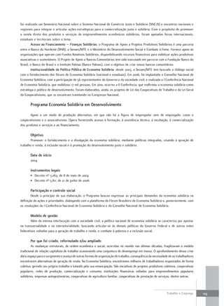 foi realizado um Seminário Nacional sobre o Sistema Nacional de Comércio Justo e Solidário (SNCJS) e encontros nacionais e
regionais para integrar e articular ações estratégicas para a comercialização justa e solidária. Com o propósito de promover
a venda direta dos produtos e serviços de empreendimentos econômicos solidários, foram apoiadas feiras internacionais,
estaduais e territoriais sobre o tema.
         acesso ao Financiamento – Finanças Solidárias: o Programa de Apoio a Projetos Produtivos Solidários é uma parceria
entre o Banco do Nordeste (BNB), a Senaes/MTE e o Ministério do Desenvolvimento Social e Combate à Fome. Fornece apoio às
organizações que operam com Fundos Rotativos Solidários, disponibilizando recursos financeiros para viabilizar ações produtivas
associativas e sustentáveis. O Projeto de Apoio a Bancos Comunitários tem sido executado em parceria com a Fundação Banco do
Brasil, o Banco do Brasil e o Instituto Palmas (Banco Palmas), com o objetivo de criar novos bancos comunitários.
         Institucionalidade da política pública de economia Solidária: desde 2003, a Senaes/MTE tem buscado o diálogo social
com o fortalecimento dos fóruns de Economia Solidária (nacional e estaduais). Em 2006, foi implantado o Conselho Nacional de
Economia Solidária, com a participação de 56 representantes do Governo e da sociedade civil, e realizada a I Conferência Nacional
de Economia Solidária, que mobilizou 17 mil pessoas. Em 2010, ocorreu a II Conferência, que reafirmou a economia solidária como
estratégia e política de desenvolvimento. Foram elaborados, ainda, os projetos de Lei das Cooperativas de Trabalho e da Lei Geral
do Cooperativismo, que se encontram tramitando no Congresso Nacional.

       programa economia Solidária em Desenvolvimento

       Apoio a um modo de produção alternativo, em que não há a figura de empregador nem de empregado, como o
cooperativismo e o associativismo. Opera fornecendo acesso à formação, à assistência técnica, à incubação, à comercialização
dos produtos e serviços e ao financiamento.

       objetivo
        Promover o fortalecimento e a divulgação da economia solidária, mediante políticas integradas, visando à geração de
trabalho e renda, à inclusão social e à promoção do desenvolvimento justo e solidário.

       Data de início
       2004

       Instrumentos legais
       • Decreto nº 5.063, de 8 de maio de 2004
       • Decreto nº 5.811, de 21 de junho de 2006

       participação e controle social
        Desde o princípio de sua elaboração, o Programa buscou expressar as principais demandas da economia solidária na
definição de ações e prioridades, dialogando com a plataforma do Fórum Brasileiro de Economia Solidária e, posteriormente, com
as resoluções da I Conferência Nacional de Economia Solidária e do Conselho Nacional de Economia Solidária.

       modelo de gestão
        Além da intensa interlocução com a sociedade civil, a política nacional de economia solidária se caracteriza por apostar
na transversalidade e na intersetorialidade, buscando articular-se às demais políticas do Governo Federal e de outros entes
federativos voltadas para a geração de trabalho e renda, o combate à pobreza e a inclusão social.

       por que foi criado, reformulado e/ou ampliado
        As mudanças estruturais, de ordem econômica e social, ocorridas no mundo nas últimas décadas, fragilizaram o modelo
tradicional de relação capitalista de trabalho ocasionando uma conjuntura de desemprego em massa. O aprofundamento dessa crise
abriu espaço para o surgimento e avanço de outras formas de organização do trabalho, consequência da necessidade de os trabalhadores
encontrarem alternativas de geração de renda. Na Economia Solidária, encontramos milhares de trabalhadores organizados de forma
coletiva, gerindo seu próprio trabalho e lutando pela sua emancipação. São iniciativas de projetos produtivos coletivos, cooperativas
populares, redes de produção, comercialização e consumo, instituições financeiras voltadas para empreendimentos populares
solidários, empresas autogestionárias, cooperativas de agricultura familiar, cooperativas de prestação de serviços, dentre outras.



                                                                                                                Trabalho e Emprego      109
 