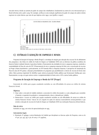 mercado interno, devido ao aumento do poder de compra dos trabalhadores, fundamental no cenário de crise internacional que o
Brasil enfrentou entre 2008 e 2009. Por exemplo, verificou-se uma evolução significativa do poder de compra do salário mínimo
expresso em cestas básicas, que mais do que duplicou entre 1995 e 2010 (gráfico a seguir).



                                                                      CESTAS BÁSICAS ADQUIRIDAS COM 1 SALÁRIO MÍNIMO

                                               2,5
                                                                                                                                                             2,23
                                                                                                                                                      2,01
                                                2                                                                                1,91   1,93
                                                                                                                                               1,74
                        nº de cestas básicas




                                                                                                                           1,6
                                               1,5                                                    1,42          1,47
                                                                                               1,37          1,38
                                                                   1,23   1,22   1,25   1,28
                                                            1,14
                                                     1,02
                                                1


                                               0,5


                                               0
                                                     1995 1996 1997 1998 1999 2000 2001 2002 2003 2004 2005 2006 2007 2008 2009 jan/10

                   Fonte: Dieese.
                   Elaboração: SPI/MP.
                   Observação: médias anuais da cesta básica de São Paulo e salário mínimo.




       c) eSTímUlo à geraÇÃo De emprego e reNDa
        Programa de Geração de Emprego e Renda (Proger): a estratégia de atuação para alocação dos recursos foi de alinhamento
dos programas e das linhas de crédito do Fundo de Amparo ao Trabalhador (FAT) com as diretrizes da política econômica do
Governo Federal, mediante fomento à agricultura familiar e financiamento das atividades de micro e pequenas empresas, mantendo a
sustentabilidade do fluxo de caixa do FAT. O financiamento de micro e pequenas empresas foi feito com a concentração de recursos
no Proger Urbano Investimento e, particularmente, no FAT Fomentar Micro e Pequenas Empresas. A perspectiva de manutenção do
fluxo de caixa do FAT pautou a alocação primordialmente em programas que possibilitassem o retorno de recursos de forma mais
célere. Outra premissa importante foi identificar quais setores já possuíam fundos públicos que fornecessem funding para seus
financiamentos, ou seja, em quais setores existia a complementaridade de fontes entre o FAT e outros fundos públicos.

       programa de geração de emprego e renda do FaT (proger)

       Concessão de crédito para grupos usualmente excluídos ou com dificuldades de acesso ao crédito do sistema
financeiro formal.

       objetivos
       • Atuar sobre o mercado de trabalho mediante a concessão de crédito direcionado e a custo adequado para consolidar
         e fomentar a expansão da produção e, consequentemente, elevar a demanda por trabalho.
       • Democratizar o acesso ao crédito para grupos usualmente excluídos ou com dificuldades de acesso ao crédito do
         sistema financeiro formal. Trata-se de um conjunto de ações de natureza essencialmente extraorçamentária e que
         envolve a alocação de recursos do Fundo de Amparo ao Trabalhador (FAT) nas instituições financeiras oficiais federais.

       Data de início
       Instituído em 1994, com início da operacionalização em 1995.

       Instrumentos legais
       • Resolução nº 59/1994 e outras Resoluções do Codefat que disciplinam as diversas ações do Programa, como as de
         nº 320, 327, 343, 345 e 370, de 2003, e nº 439/2005




                                                                                                                                                                    Trabalho e Emprego   91
 