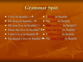 Grammar Spot I live in Seattle --  He lives in Seattle -  Do you live in Seattle?-> Does she live in Seattle?  I don’t live in Seattle  He doesn’t live in Seattle  I  lived  in Seattle He  lived  in Seattle Did you live  in Seattle? Did she live  in Seattle? I  didn’t live  in Seattle He  didn’t live  in Seattle 