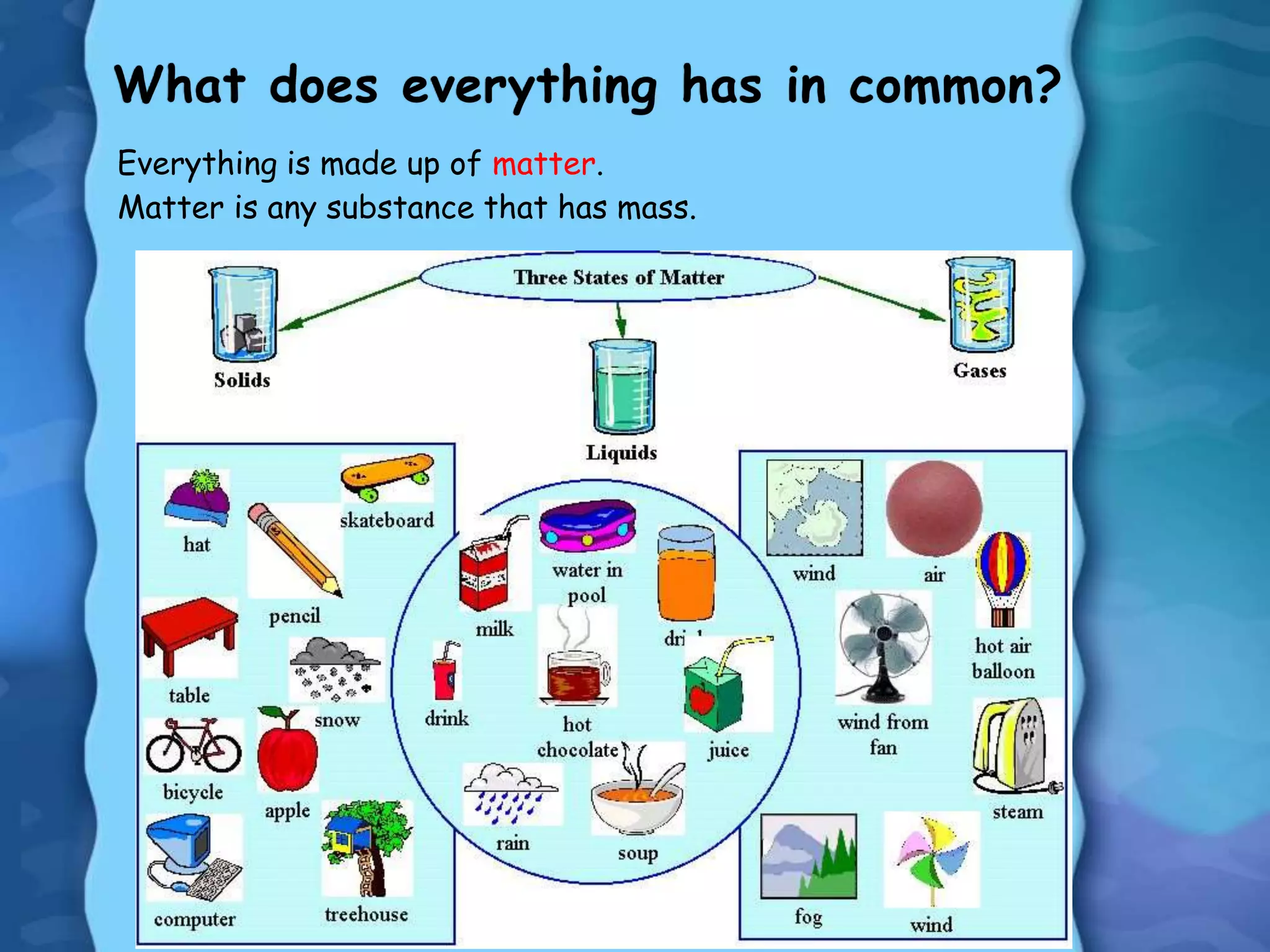 Everything is made up of matter.
Matter is any substance that has mass.
 