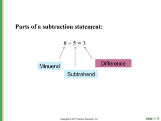 Parts of a subtraction statement:

                      8–5=3


                                                              Difference
         Minuend
                          Subtrahend




                   Copyright © 2011 Pearson Education, Inc.                Slide 1- 17
 