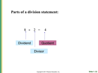 Parts of a division statement:



        8 ÷ 2 =              4


    Dividend            Quotient

               Divisor




                Copyright © 2011 Pearson Education, Inc.   Slide 1- 33
 
