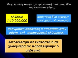 Πως υπολογίσουμε την πραγματική απόσταση δύο
              σημείων στον χάρτη;


   κλίμακα          απόσταση δύο σημείων
1:10.000.000        στον χάρτη 4 εκατοστά

πραγματική απόσταση = απόσταση στον
 χάρτη επί παρονομαστή κλάσματος


Αποτέλεσμα σε εκατοστά ή σε
χιλιόμετρα αν παραλείψουμε 5
          μηδενικά.
 