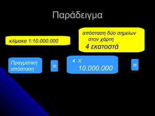 Παράδειγμα
                             απόσταση δύο σημείων
κλίμακα 1:10.000.000           στον χάρτη
                              4 εκατοστά

Πραγματική             4 X
απόσταση         =      10.000.000             =
 