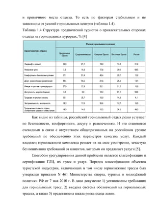 и привычного места отдыха. То есть по факторам стабильным и не
зависящим от усилий горнолыжных центров (таблица 1.4).
Таблица 1.4 Структура предпочтений туристов о привлекательных сторонах
отдыха на горнолыжных курортах, % [4]




     Как видно из таблицы, российский горнолыжный отдых резко уступает
по безопасности, комфортности, досугу и развлечениям. И это становится
очевидным в связи с отсутствием общепризнанных на российском уровне
требований по обеспечению этих параметров качества услуг. Каждый
владелец горнолыжного комплекса решает их на свое усмотрение, зачастую
без понимания требований от клиентов, которым он предлагает услуги [5].
     Способом урегулирования данной проблемы является классификация и
сертификация ГЛЦ, их трасс и услуг. Порядок классификации объектов
туристской индустрии, включающих в том числе горнолыжные трассы был
утвержден приказом N 461 Министерства спорта, туризма и молодёжной
политики РФ от 7 мая 2010 г. В дано документе 1) установлены требования
для горнолыжных трасс, 2) введена система обозначений на горнолыжных
трассах, а также 3) представлена шкала риска схода лавин.
 