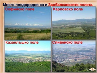 Софийско поле Карловско поле
Казанлъшко поле Сливенско поле
Много плодородни са и Задбалканските полета.
 