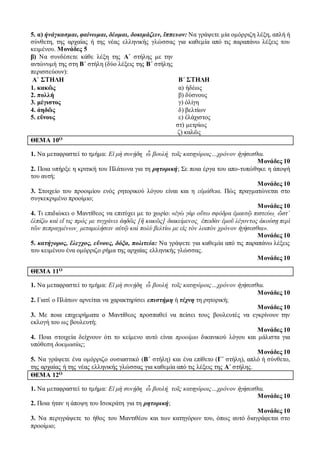 5. α) ἠνάγκασμαι, φαίνωμαι, δέομαι, δοκιμάζειν, ἵππευον: Να γράψετε μία ομόρριζη λέξη, απλή ή 
σύνθετη, της αρχαίας ή της νέας ελληνικής γλώσσας για καθεμία από τις παραπάνω λέξεις του 
κειμένου. Μονάδες 5 
β) Να συνδέσετε κάθε λέξη της Α΄ στήλης με την 
αντώνυμή της στη Β΄ στήλη (δύο λέξεις της Β΄ στήλης 
περισσεύουν): 
Α΄ ΣΤΗΛΗ 
Β΄ ΣΤΗΛΗ 
1. κακῶς α) ἡδέως 
2. πολλή β) δύσνους 
3. μέγιστος γ) ὀλίγη 
4. ἀηδῶς δ) βελτίων 
5. εὔνους ε) ἐλάχιστος 
στ) μετρίως 
ζ) καλῶς 
ΘΕΜΑ 10Ο 
1. Να μεταφραστεί το τμήμα: Εἰ μὴ συνῄδη͵ ὦ βουλή͵ τοῖς κατηγόροις…χρόνον ἡγήσεσθαι. 
Μονάδες 10 
2. Ποια υπήρξε η κριτική του Πλάτωνα για τη ρητορική; Σε ποια έργα του απο-τυπώθηκε η άποψή 
του αυτή; 
Μονάδες 10 
3. Στοιχείο του προοιμίου ενός ρητορικού λόγου είναι και η εὐμάθεια. Πώς πραγματώνεται στο 
συγκεκριμένο προοίμιο; 
Μονάδες 10 
4. Τι επιδιώκει ο Μαντίθεος να επιτύχει με το χωρίο: «ἐγὼ γὰρ οὕτω σφόδρα ἐμαυτῷ πιστεύω͵ ὥστ΄ 
ἐλπίζω καὶ εἴ τις πρός με τυγχάνει ἀηδῶς [ἢ κακῶς] διακείμενος͵ ἐπειδὰν ἐμοῦ λέγοντος ἀκούσῃ περὶ 
τῶν πεπραγμένων͵ μεταμελήσειν αὐτῷ καὶ πολὺ βελτίω με εἰς τὸν λοιπὸν χρόνον ἡγήσεσθαι». 
Μονάδες 10 
5. κατήγορος, ἔλεγχος, εὔνους, δόξα, πολιτεία: Να γράψετε για καθεμία από τις παραπάνω λέξεις 
του κειμένου ένα ομόρριζο ρήμα της αρχαίας ελληνικής γλώσσας. 
Μονάδες 10 
ΘΕΜΑ 11Ο 
1. Να μεταφραστεί το τμήμα: Εἰ μὴ συνῄδη͵ ὦ βουλή͵ τοῖς κατηγόροις…χρόνον ἡγήσεσθαι. 
Μονάδες 10 
2. Γιατί ο Πλάτων αρνείται να χαρακτηρίσει επιστήμη ή τέχνη τη ρητορική; 
Μονάδες 10 
3. Με ποια επιχειρήματα ο Μαντίθεος προσπαθεί να πείσει τους βουλευτές να εγκρίνουν την 
εκλογή του ως βουλευτή; 
Μονάδες 10 
4. Ποια στοιχεία δείχνουν ότι το κείμενο αυτό είναι προοίμιο δικανικού λόγου και μάλιστα για 
υπόθεση δοκιμασίας; 
Μονάδες 10 
5. Να γράψετε ένα ομόρριζο ουσιαστικό (Β΄ στήλη) και ένα επίθετο (Γ΄ στήλη), απλό ή σύνθετο, 
της αρχαίας ή της νέας ελληνικής γλώσσας για καθεμία από τις λέξεις της Α΄ στήλης. 
ΘΕΜΑ 12Ο 
1. Να μεταφραστεί το τμήμα: Εἰ μὴ συνῄδη͵ ὦ βουλή͵ τοῖς κατηγόροις…χρόνον ἡγήσεσθαι. 
Μονάδες 10 
2. Ποια ήταν η άποψη του Ισοκράτη για τη ρητορική; 
Μονάδες 10 
3. Να περιγράψετε το ήθος του Μαντιθέου και των κατηγόρων του, όπως αυτό διαγράφεται στο 
προοίμιο; 
 