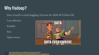 Why Hadoop?
Data Growth is mind boggling. Forecast for 2020: 40 Trillion GB
Cost effective
Scalable
Fast
Open source
Source: https://rapidminer.com/rapidminer-acquires-radoop/
Image: http://seikun.kambashi.com/images/blog/interning_at_placeiq/2.jpg
 