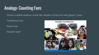 Analogy: Counting Fans
Given a cricket stadium, count the number of fans for each player / team
Traditional way
Smart way
Smarter way?
 