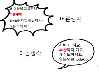 왜 애들을 괴롭히냐?
미쳤구만
30Km를 어떻게 걸어가~
애들 더위 먹어
어른생각
애들생각
한번 더 해요.
부산까지 가요.
제주도까지요.
일본으로…GoGo
 