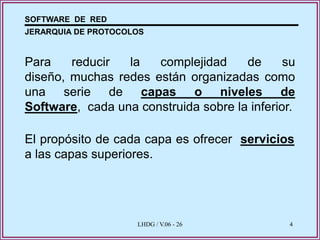 SOFTWARE DE RED
JERARQUIA DE PROTOCOLOS


Para    reducir  la   complejidad     de      su
diseño, muchas redes están organizadas como
una serie de capas o niveles de
Software, cada una construida sobre la inferior.

El propósito de cada capa es ofrecer servicios
a las capas superiores.




                     LHDG / V.06 - 26          4
 