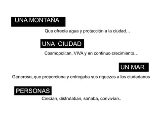 UNA MONTAÑA
               Que ofrecía agua y protección a la ciudad…


              UNA CIUDAD
               Cosmopolitan, VIVA y en continuo crecimiento…


                                                      UN MAR
Generoso, que proporciona y entregaba sus riquezas a los ciudadanos


 PERSONAS
              Crecían, disfrutaban, soñaba, convivían..
 
