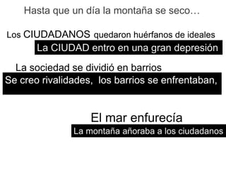 Hasta que un día la montaña se seco…

Los CIUDADANOS quedaron huérfanos de ideales
       La CIUDAD entro en una gran depresión
  La sociedad se dividió en barrios
Se creo rivalidades, los barrios se enfrentaban,


                   El mar enfurecía
               La montaña añoraba a los ciudadanos
 