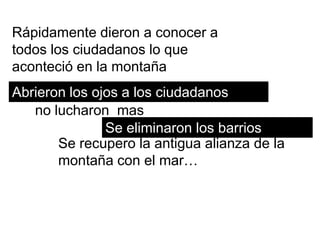 Rápidamente dieron a conocer a
todos los ciudadanos lo que
aconteció en la montaña
Abrieron los ojos a los ciudadanos
   no lucharon mas
               Se eliminaron los barrios
       Se recupero la antigua alianza de la
       montaña con el mar…
 