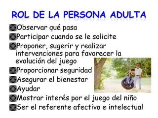 Observar qué pasa
Participar cuando se le solicite
Proponer, sugerir y realizar
 intervenciones para favorecer la
 evolución del juego
Proporcionar seguridad
Asegurar el bienestar
Ayudar
Mostrar interés por el juego del niño
Ser el referente afectivo e intelectual
 