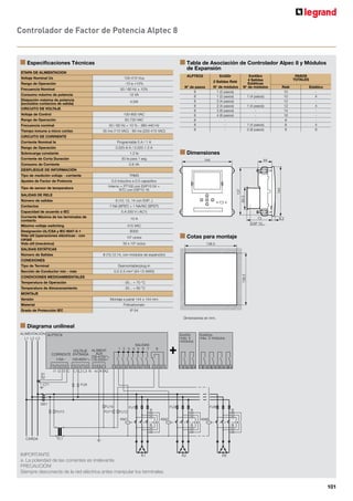 94
 Conforme a IEC 60831-1 y 2
 Diseño compacto en botellas de aluminio
para una disipación eficiente de calor
 Uso de resina bideodegradable
 Seguridad dual con autoprotección y desconecta-
dor de sobretensión
 Rango: 9 a 36 kVAr a 60Hz.
21'(16$'25(6$/3,$1
70
Legrand pone a su disposición la nueva gama
de Condensadores tipo botella AlpicanTM
,
con la que usted podrá mejorar la calidad de
la energía, reducir las pérdidas de potencia
activa, optimizar la disponibilidad de su
instalación eléctrica y eliminar multas.
Al complementar con Contactores CTX3
,
Reactores desintonizados y/o Controladores
de Factor de Potencia Alptec, usted podrá
conformar una solución eficiente para la
compensación de energía en instalaciones de
uso comercial y/o industrial.
ALPICAN70
soluciones para
compensación
de energía reactiva
%/248('(0217$-()5217$/
PARA CONMUTAR CONDENSADORES
Los bloques auxiliares para conmutar los condensadores se instalan
directamente sobre el CTX3
de 3 polos de 9 a 100 A.
Con sus resistencias de pre-inserción, reducen los valores máximos de
corriente durante la conmutación de los bancos de condensadores.
 