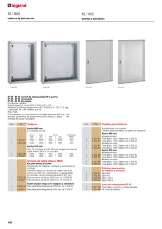 Una gama completa para
todos los tableros de
distribución hasta 6300 A
De la caja XL³ 125 al armario
XL³ 6300, la oferta Legrand
responde a cualquier exigencia de
calidad, robustez y estética.
Empuñadura ergonómica
o cilindro, puertas
compactas o acristaladas.
Acceso e intervención más
rápidas con las placas en
bisagras.
Placas 1/4 de vuelta
con prensor.
XL³ 160: Una vez extraído
del tablero, el acceso es
total para el cableado.
La gama XL³ se beneficia de numerosas
innovaciones prácticas para un montaje
rápido y seguro, libertad de configuración real
y un ahorro de tiempo apreciable durante las
operaciones de mantenimiento y ampliación.
129
 