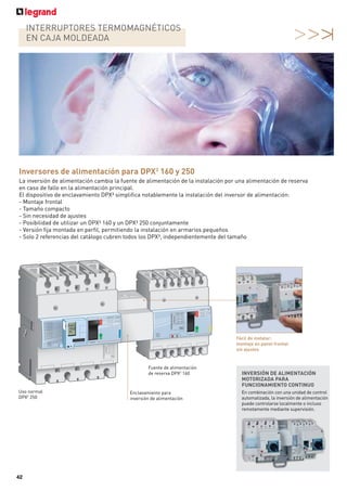 41
DPX³ 630/1600
curvas características y rangos de ajuste DPX³
I: corriente real
Ir: protección retardo largo contra las sobrecargas (ajuste: Ir = x In)
tr: tiempo de acción de la protección de retardo largo (valor fijo: 5 a
30 s)
Isd: protección de retardo corto contra cortocircuitos (ajuste: Im = x
Ir, entre 1.5 y 10 Ir en este ejemplo)
tsd: tiempo de acción de la protección de retardo corto (ajuste: 0 a
0.3 s)
I2
t constante (ajustable por tsd)
If: umbral fijo protección instantánea (4 a 20 kA según modelo)
n Curva de disparo para un DPX³ electrónico S2, ajustable
Ir, Isd, tr y tsd
I2
t = K
tr = 30 s 20 %
tr = 20 s 20 %
tr = 10 s 20 %
tr = 5 s 20 %
1 3
2 4 5 10
0.2 10 10 10 20 30
20 30
20 304050
I/Ir
0.001
10 000
1 000
100
10
0.01
0.1
t(s)
1 Isd
Tsd
Isf = 250 A
Isf = 160 A
Isf = 100 A
Isf = 40 A
Isf = 630 A Isf = 1600 A
Isf = 400 A Isf = 1250 A
Isf = 250 A Isf = 800 A
Isf = 160 A Isf = 630 A
I/In I/In I/In
n Ajuste para DPX³ electrónico
Configuración DPX³ 630 / 1600 S1 DPX³ 630 / 1600 S2
lr umbral de disparo
de sobrecarga (retardo largo)
(0.4 - 0.5 - 0.6 - 0.7 - 0.8 - 0.9 - 0.95 - 1) x In
tr retardo largo
duración de disparo
fijo: 5 s (a 6 Ir) 5 - 10 - 20 - 30 s (à 6 Ir)
Isd cortocircuito umbral de
disparo (retardo corto)
(1.5 - 2 - 3 - 4 - 5 - 6 - 8 - 10) x Ir(1)
tsd retardo corto
retraso de disparo
fijo: 0.05 s 0 - 0.1 - 0.2 - 0.3 s
n Ajuste del DPX³ termomagnético
1: 7.9 Ir para DPX³ 630 In 630 A
I: corriente real
Ir: protección retardo largo contra las sobrecargas (ajuste: Ir = x In)
Isd: tiempo de acción de la protección de retardo largo (valor fijo: 5 s a 6 Ir)
Isd: protección de retardo corto contra cortocircuitos (ajuste: Im = x Ir, entre 1.5
y 10 Ir en este ejemplo)
tsd: tiempo de acción de la protección de retardo corto (valor fijo: 0.05 s)
If: umbral fijo protección instantánea (4 a 20 kA según modelo)
n Curva de disparo para un DPX³ electrónico S1, ajustable Ir
y Isd
10 20 30 40 50 70
1 3
2 4 56 10
0.2
I/In I/In I/In
I/Ir
0.001
10 000
1 000
100
10
tr = 5 s
0.01
0.1
t(s)
1
Isd
Isf = 250 A
Isf = 630 A
Isf = 400 A
Isf = 160 A
Isf = 250 A
Isf = 160 A
Isf = 100 A
Isf = 40 A
10 20 30 10 20
Isf = 1250 A
Isf = 800 A
Isf = 630 A
Isf = 1600 A
Configuración DPX³ 630 DPX³ 1600
Ir umbral de
disparo
sobrecarga
(térmico)
0.8 a 1 In 0.8 a 1 In
En cortocircuito
umbral de
disparo
(magnético)
5 a 10 In 5 a 10 In
 