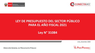 LEY DE PRESUPUESTO DEL SECTOR PÚBLICO
PARA EL AÑO FISCAL 2021
Ley N° 31084
Lima, diciembre 2020
DIRECCIÓN GENERAL DE PRESUPUESTO PÚBLICO
 