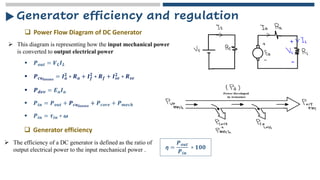 ➢ This diagram is representing how the input mechanical power
is converted to output electrical power
Generator efficiency and regulation
▪ 𝑷𝒐𝒖𝒕 = 𝑽𝑳𝑰𝑳
▪ 𝑷𝒄𝒖𝒍𝒐𝒔𝒔𝒆𝒔
= 𝑰𝒂
𝟐 ∗ 𝑹𝒂 + 𝑰𝒇
𝟐
∗ 𝑹𝒇 + 𝑰𝒔𝒆
𝟐 ∗ 𝑹𝒔𝒆
▪ 𝑷𝒅𝒆𝒗 = 𝑬𝒂𝑰𝒂
▪ 𝑷𝒊𝒏 = 𝑷𝒐𝒖𝒕 + 𝑷𝒄𝒖𝒍𝒐𝒔𝒔𝒆𝒔
+ 𝑷𝒄𝒐𝒓𝒆 + 𝑷𝒎𝒆𝒄𝒉
❑ Power Flow Diagram of DC Generator
❑ Generator efficiency
▪ 𝑷𝒊𝒏 = 𝝉𝒊𝒏 ∗ 𝝎
➢ The efficiency of a DC generator is defined as the ratio of
output electrical power to the input mechanical power . ƞ =
𝑷𝒐𝒖𝒕
𝑷𝒊𝒏
∗ 𝟏𝟎𝟎
 