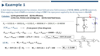 A short-shunt compound generator has armature, shunt field and series field resistances of 0.5 Ω, 100 Ω, and 0.3 Ω respectively.
When supplying a load of 8 kW at a terminal voltage of 250 V the input power supplied by the driving motor is 10.4 kW.
Example 1
Calculate: (a) the generated emf, (b) the efficiency,
(c) the iron, friction and windage loss (d) the total fixed losses.
𝑪 𝑷𝒄𝒐𝒓𝒆 + 𝑷𝒎𝒆𝒄𝒉 𝒇𝒓𝒐𝒎 𝒑𝒐𝒘𝒆𝒓 𝒇𝒍𝒐𝒘 𝒅𝒊𝒂𝒈𝒓𝒂𝒎
𝑷𝒄𝒐𝒓𝒆 + 𝑷𝒎𝒆𝒄𝒉 = 𝑷𝒊𝒏 − 𝑷𝒅𝒆𝒗 𝑷𝒄𝒐𝒓𝒆 + 𝑷𝒎𝒆𝒄𝒉 = 𝟏𝟎𝟒𝟎𝟎 − (𝑬𝒂𝑰𝒂)
𝑷𝒄𝒐𝒓𝒆 + 𝑷𝒎𝒆𝒄𝒉 = 𝟏𝟎𝟒𝟎𝟎 − (𝟐𝟕𝟔. 𝟗 ∗ 𝟑𝟒. 𝟔) 𝑷𝒄𝒐𝒓𝒆 + 𝑷𝒎𝒆𝒄𝒉 = 𝟖𝟏𝟗. 𝟐𝟔 𝒘𝒂𝒕𝒕
𝒅 𝑾𝑪 𝑾𝑪 = 𝑷𝒊𝒓𝒐𝒏 + 𝑷𝒎𝒆𝒄𝒉 + 𝑷𝒄𝒖𝒇𝒊𝒆𝒍𝒅
𝑾𝑪 = 𝟖𝟏𝟗. 𝟐𝟔 + 𝑰𝒇
𝟐
∗ 𝑹𝒇 𝑾𝑪 = 𝟖𝟏𝟗. 𝟐𝟔 + 𝟐. 𝟔𝟐
∗ 𝟏𝟎𝟎 𝑾𝑪 = 𝟏. 𝟓 𝑲𝑾
 