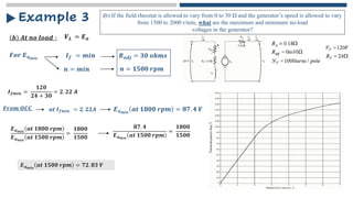 𝒃 𝑨𝒕 𝒏𝒐 𝒍𝒐𝒂𝒅 ∶
Example 3
𝑽𝑳 = 𝑬𝒂
𝑭𝒐𝒓 𝑬𝒂𝒎𝒊𝒏 𝑹𝒂𝒅𝒋 = 𝟑𝟎 𝒐𝒉𝒎𝒔
𝑰𝒇 = 𝒎𝒊𝒏
(b) If the field rheostat is allowed to vary from 0 to 30 Ω and the generator’s speed is allowed to vary
from 1500 to 2000 r/min, what are the maximum and minimum no-load
voltages in the generator?
𝒏 = 𝒎𝒊𝒏 𝒏 = 𝟏𝟓𝟎𝟎 𝒓𝒑𝒎
𝑰𝒇𝒎𝒊𝒏 =
𝟏𝟐𝟎
𝟐𝟒 + 𝟑𝟎
= 𝟐. 𝟐𝟐 𝑨
𝑭𝒓𝒐𝒎 𝑶𝑪𝑪 𝒂𝒕 𝑰𝒇𝒎𝒊𝒏 = 𝟐. 𝟐𝟐𝑨 𝑬𝒂𝒎𝒊𝒏
𝒂𝒕 𝟏𝟖𝟎𝟎 𝒓𝒑𝒎 = 𝟖𝟕. 𝟒 𝑽
𝑬𝒂𝒎𝒊𝒏
𝒂𝒕 𝟏𝟖𝟎𝟎 𝒓𝒑𝒎
𝑬𝒂𝒎𝒊𝒏
𝒂𝒕 𝟏𝟓𝟎𝟎 𝒓𝒑𝒎
=
𝟏𝟖𝟎𝟎
𝟏𝟓𝟎𝟎
𝟖𝟕. 𝟒
𝑬𝒂𝒎𝒊𝒏
𝒂𝒕 𝟏𝟓𝟎𝟎 𝒓𝒑𝒎
=
𝟏𝟖𝟎𝟎
𝟏𝟓𝟎𝟎
𝑬𝒂𝒎𝒊𝒏
𝒂𝒕 𝟏𝟓𝟎𝟎 𝒓𝒑𝒎 = 𝟕𝟐. 𝟖𝟑 𝑽
 
