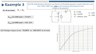 𝒃 𝑨𝒕 𝒏𝒐 𝒍𝒐𝒂𝒅 ∶
Example 3
𝑽𝑳 = 𝑬𝒂
(b) If the field rheostat is allowed to vary from 0 to 30 Ω and the generator’s speed is allowed to vary
from 1500 to 2000 r/min, what are the maximum and minimum no-load
voltages in the generator?
𝑬𝒂𝒎𝒊𝒏
𝒂𝒕 𝟏𝟓𝟎𝟎 𝒓𝒑𝒎 = 𝟕𝟐. 𝟖𝟑 𝑽
𝑬𝒂𝒎𝒂𝒙
𝒂𝒕 𝟐𝟎𝟎𝟎 𝒓𝒑𝒎 = 𝟏𝟒𝟑 . 𝟑𝟑 𝑽
𝑏 𝑉𝑜𝑙𝑡𝑎𝑔𝑒 𝑟𝑎𝑛𝑔𝑒𝑠 𝑓𝑟𝑜𝑚 𝟕𝟐. 𝟖𝟑 𝑽 𝑡𝑜 𝟏𝟒𝟑. 𝟑𝟑 𝑽 𝑎𝑡 𝑛𝑜 𝑙𝑜𝑎𝑑
 