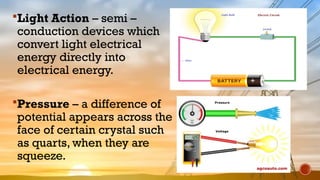 Light Action – semi –
conduction devices which
convert light electrical
energy directly into
electrical energy.
Pressure – a difference of
potential appears across the
face of certain crystal such
as quarts, when they are
squeeze.
 