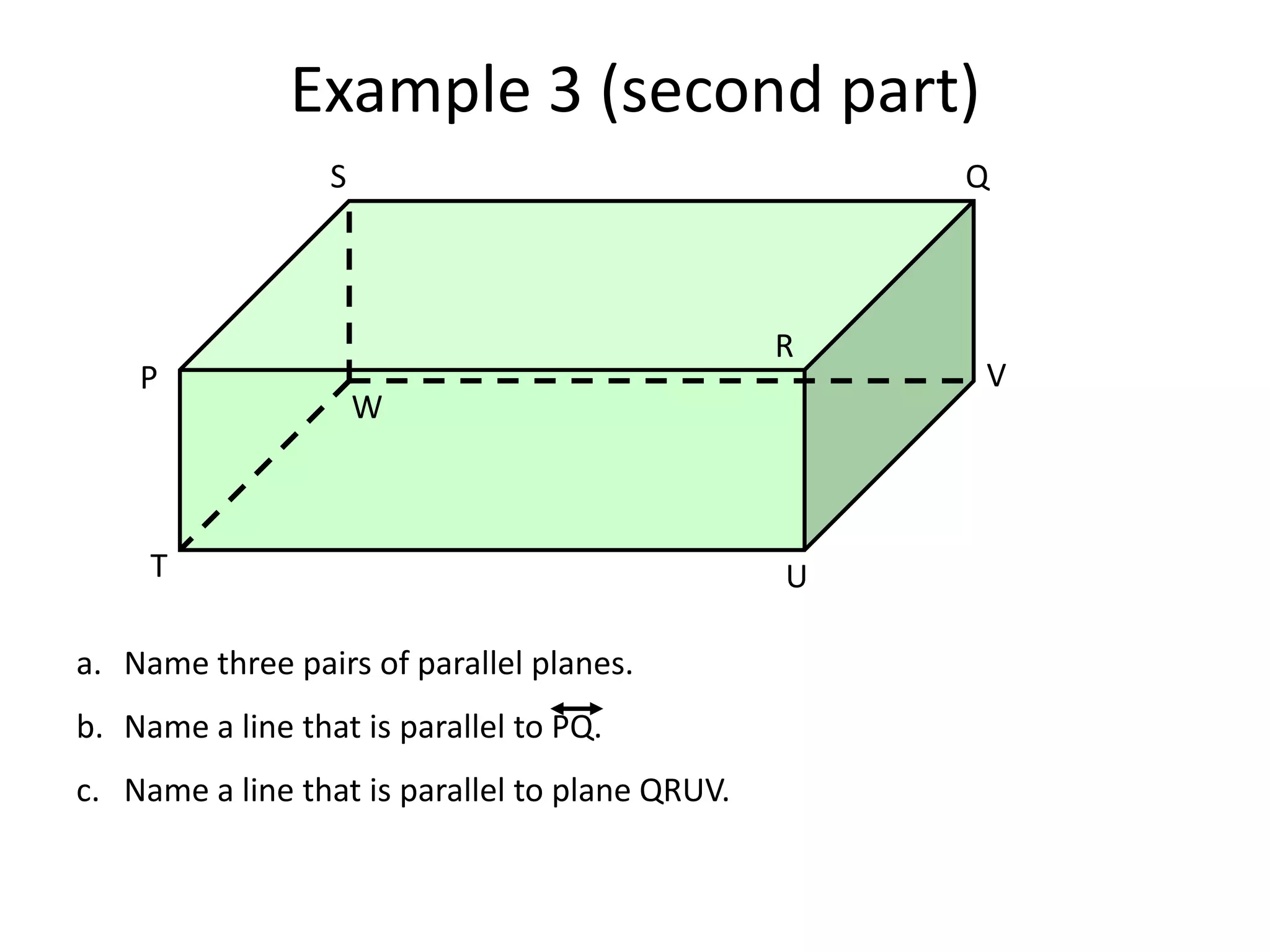 Example 3 (second part)SQRVPWTUName three pairs of parallel planes.Name a line that is parallel to PQ.Name a line that is parallel to plane QRUV.