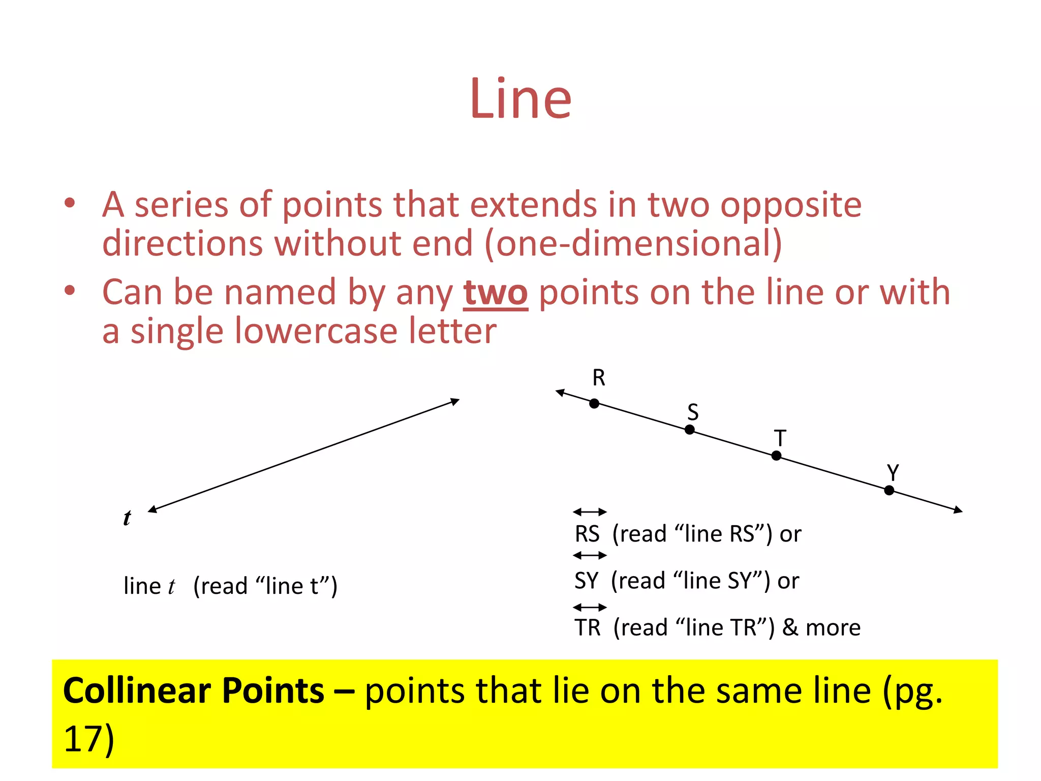 LineA series of points that extends in two opposite directions without end (one-dimensional)Can be named by any two points on the line or with a single lowercase letterRSTYtRS  (read “line RS”) orSY  (read “line SY”) orTR  (read “line TR”) & moreline t   (read “line t”)Collinear Points – points that lie on the same line (pg. 17)