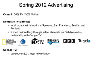 Spring 2012 Advertising
Overall: 50% TV / 50% Online

Domestic TV Markets:
   –  local broadcast networks in Spokane, San Francisco, Seattle, and
      Portland
   –  limited national buy through select channels on Dish Network’s
      partnership with Google TV




Canada TV:
   –  Vancouver B.C., local network buy
 