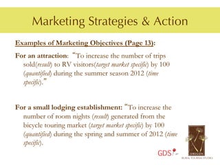 Marketing Strategies & Action
Examples of Marketing Objectives (Page 13):
For an attraction: “To increase the number of trips
  sold(result) to RV visitors(target market specific) by 100
  (quantified) during the summer season 2012 (time
  specific).”


For a small lodging establishment: “To increase the
  number of room nights (result) generated from the
  bicycle touring market (target market specific) by 100
  (quantified) during the spring and summer of 2012 (time
  specific).
                                                       GDS
 