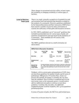 These changes in recreational activities reflect, at least in part,
                    the availability or changing availability of various types of
                    facilities.


Level of Service:   There is no single, generally accepted set of standards for park
      Park Land     and recreation areas and amenities that should be available to
                    the residents of a community. However, guidelines established
                    by the National Recreation and Park Association (NRPA) have
                    been used for a number of years by many communities to
                    examine the sufficiency of their parks and recreation resources.

                    In 1983, NRPA established a set of “universal” guidelines that
                    included recommended sizes for various types of parks and
                    quantities of parkland for each type based on the population of
                    a community. These standards are still used by some
                    communities today.

                    The NRPA guidelines relevant to a small community are
                    shown below.

                    NRPA Park & Recreation Guidelines
                                         Acres/1,000                       Population
                          Type                                Size                          Service Area
                                           people                           Served

                                                          2,500                            Up to .25
                    Mini-Park          N/A                square feet-   500-2,500         mile (walking
                                                          1 acre                           distance)

                                                                                           .25-.50 mile
                    Neighborhood
                                       2.5                5-10 acres     2,000-10,000      (walking
                    Park
                                                                                           distance)

                                       Includes parkways, beaches, flood plains, downtown refinements,
                    Special Use
                                       etc. Often used as special-use or facility that serve one function.
                    Facilities &
                                       Linear parks are greenways or paths that connect two or more
                    Linear Parks
                                       areas



                    Waldport, with its current parks and population of 2,050, does
                    not meet these guidelines for number of parks and for acres of
                    parkland per 1000 persons. If Crestline Park, which is at
                    present only partially developed, is included, the City does
                    meet the standards. Once Crestline is completed and over the
                    next twenty years as the community grows, it would need to
                    add two additional mini-parks to continue to meet these
                    guidelines. Counting only city parks, one additional
                    neighborhood park would be needed by 2027, given population
                    growth projections.

                    In terms of location of parks, the Old Town and lowland areas


                    Waldport Parks and Recreation Master Plan: Chapter 4                       page 4-2
 
