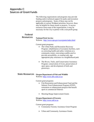 Appendix C
Sources of Grant Funds
                         The following organizations and programs may provide
                         funding and/or technical support for parks and recreation
                         projects and programs. Some of these may not be
                         applicable to current Waldport priorities; however, these
                         may be helpful for future needs or projects. To access
                         resources from some of the organizations, it may be
                         necessary for the City to partner with a non-profit group.

            Federal
          Resources      National Park Service
                         Website: http://www.nps.gov/ccso/grants/index.html

                         Current grant programs:
                            • The Urban Parks and Recreation Recovery
                                Program: rehabilitation of recreation facilities, such
                                as correcting health and safety violations at a
                                community center, renovating a public pool to
                                provide accessibility, or creating safe, age-
                                appropriate play structures in a neighborhood park

                            •   The Rivers, Trails, and Conservation Assistance
                                Program: conservation of rivers, preservation of
                                open space, and development of trails and
                                greenways.


      State Resources Oregon Department of Fish and Wildlife
                         Website: http://www.dfw.state.or.us

                         Current grant programs:
                            • Fish Restoration and Enhancement Fund and the
                                Salmon-Trout Enhancement Program (STEP):
                                restoration or enhancement projects that benefit
                                sport or commercial fisheries

                            •   Shooting Range Improvement Grants

                         Oregon Department of Forestry
                         Website: http://www.odf.or.us

                         Current grant programs:
                            • Community Forestry Assistance Grant Program

                            •   Urban and Community Assistance Grants
 