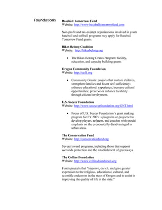 Foundations   Baseball Tomorrow Fund
              Website: http://www.baseballtomorrowfund.com

              Non-profit and tax-exempt organizations involved in youth
              baseball and softball programs may apply for Baseball
              Tomorrow Fund grants.

              Bikes Belong Coalition
              Website: http://bikesbelong.org

                 •   The Bikes Belong Grants Program: facility,
                     education, and capacity building grants

              Oregon Community Foundation
              Website: http://ocf1.org

                 •   Community Grants: projects that nurture children,
                     strengthen families and foster self-sufficiency;
                     enhance educational experience; increase cultural
                     opportunities; preserve or enhance livability
                     through citizen involvement.

              U.S. Soccer Foundation
              Website: http://www.ussoccerfoundation.org/GNT.html

                 •   Focus of U.S. Soccer Foundation’s grant making
                     program for FY 2005 is programs or projects that
                     develop players, referees, and coaches with special
                     emphasis on the economically disadvantaged in
                     urban areas.

              The Conservation Fund
              Website: http://conservationfund.org

              Several award programs, including those that support
              wetlands protection and the establishment of greenways.

              The Collins Foundation
              Website: http://www.collinsfoundation.org

              Funds projects that “improve, enrich, and give greater
              expression to the religious, educational, cultural, and
              scientific endeavors in the state of Oregon and to assist in
              improving the quality of life in the state.”
 