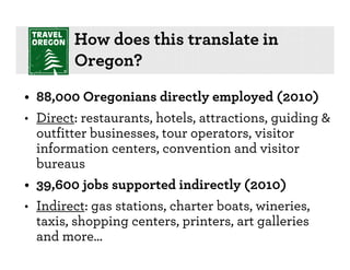 How does this translate in
        Oregon?
• 88,000 Oregonians directly employed (2010)
• Direct: restaurants, hotels, attractions, guiding &
  outfitter businesses, tour operators, visitor
  information centers, convention and visitor
  bureaus
• 39,600 jobs supported indirectly (2010)
• Indirect: gas stations, charter boats, wineries,
  taxis, shopping centers, printers, art galleries
  and more…
 
