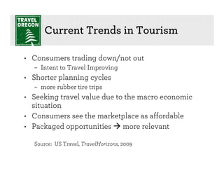 Current Trends in Tourism

• Consumers trading down/not out
  – Intent to Travel Improving
• Shorter planning cycles
  – more rubber tire trips
• Seeking travel value due to the macro economic
  situation
• Consumers see the marketplace as affordable
• Packaged opportunities more relevant

  Source: US Travel, TravelHorizons, 2009
 