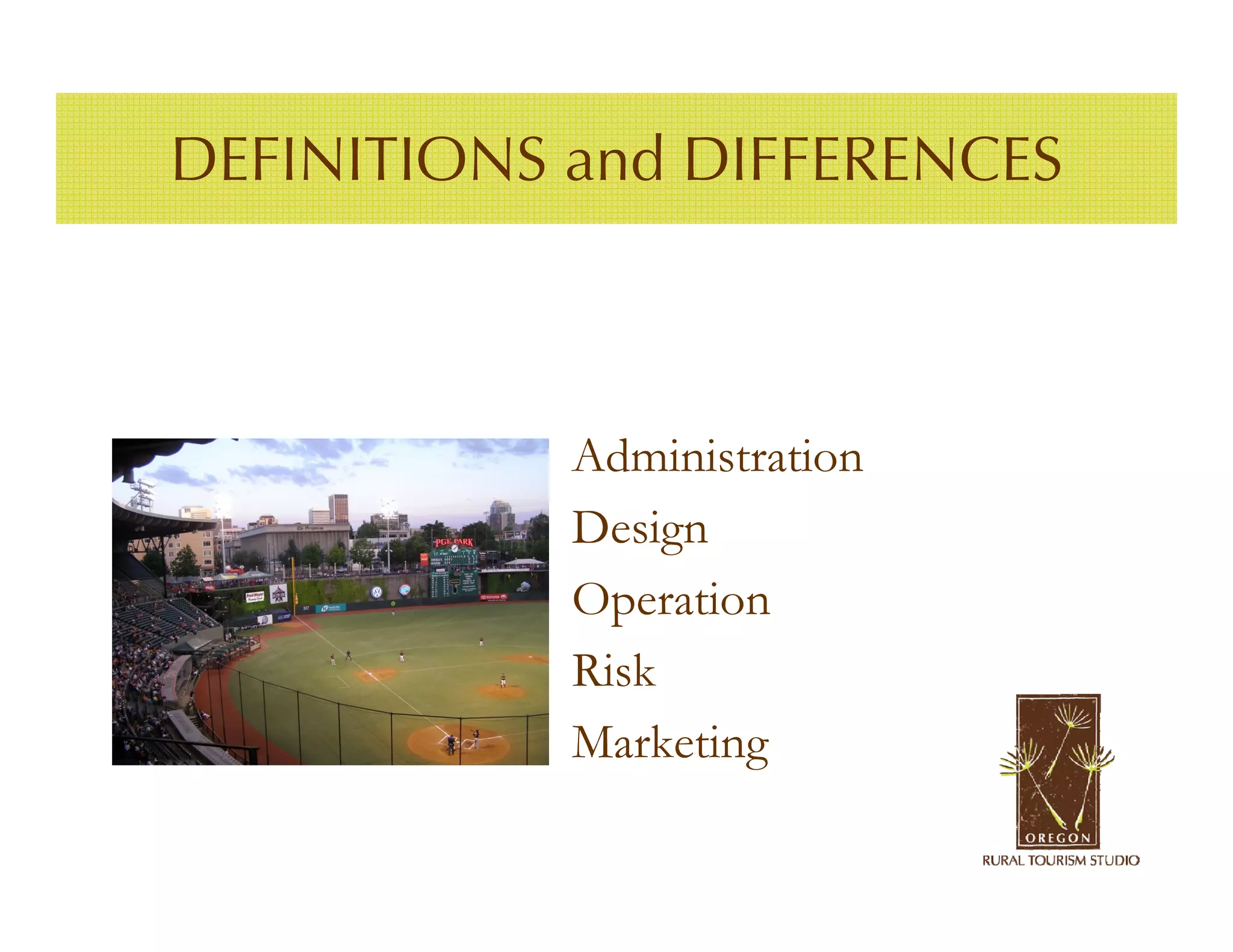DEFINITIONS and DIFFERENCES



            Administration
            Design
            Operation
            Risk
            Marketing
 