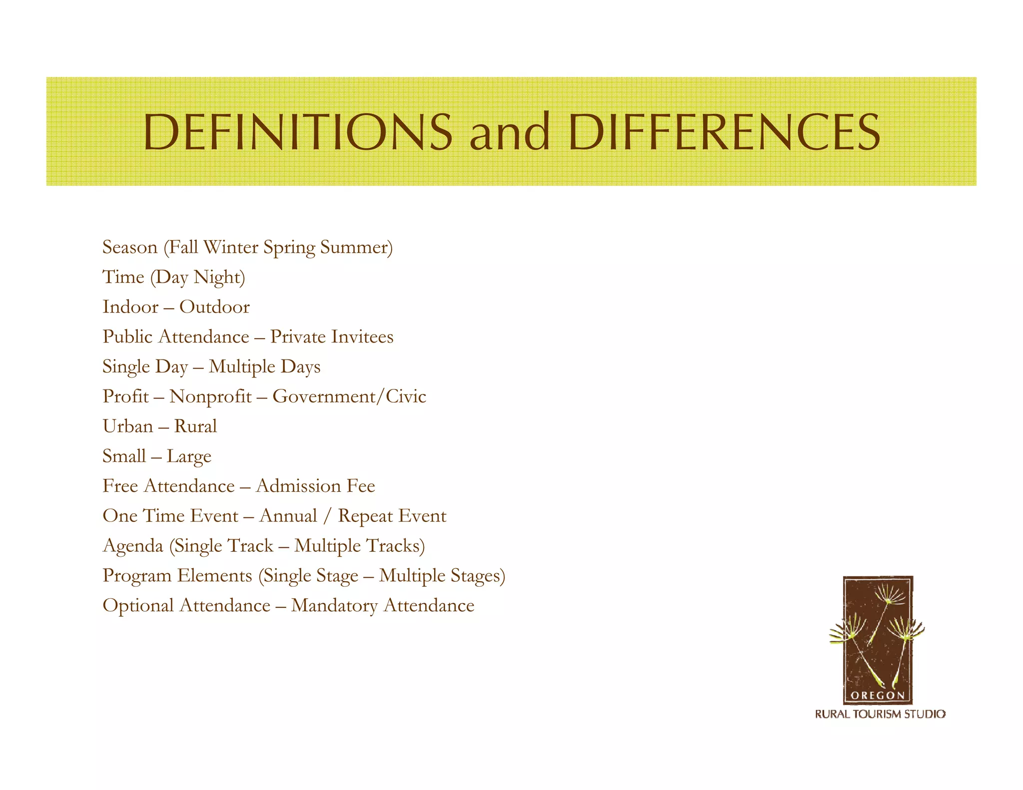 DEFINITIONS and DIFFERENCES

Season (Fall Winter Spring Summer)
Time (Day Night)
Indoor – Outdoor
Public Attendance – Private Invitees
Single Day – Multiple Days
Profit – Nonprofit – Government/Civic
Urban – Rural
Small – Large
Free Attendance – Admission Fee
One Time Event – Annual / Repeat Event
Agenda (Single Track – Multiple Tracks)
Program Elements (Single Stage – Multiple Stages)
Optional Attendance – Mandatory Attendance
 