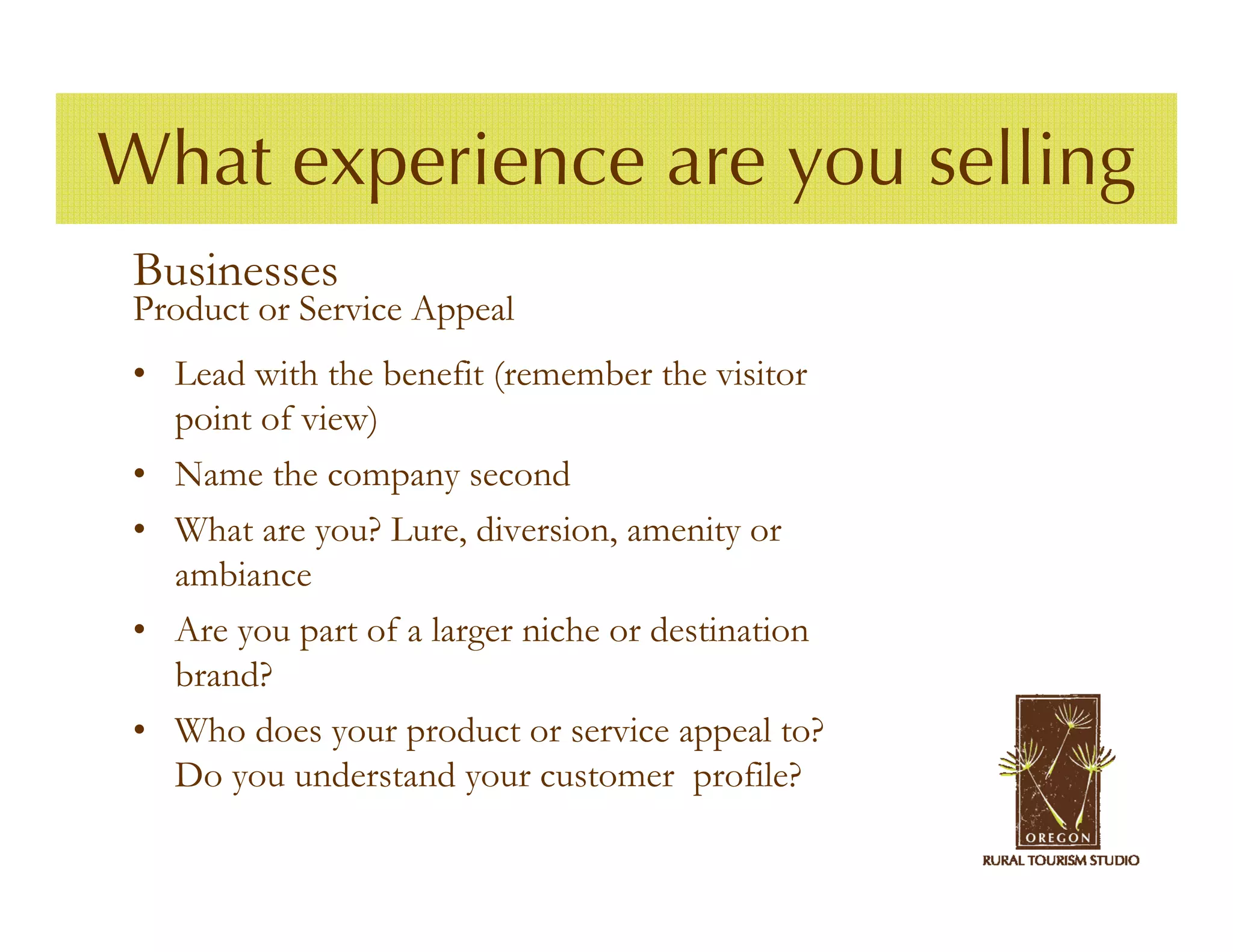 What experience are you selling
 Businesses
 Product or Service Appeal
 • Lead with the benefit (remember the visitor
   point of view)
 • Name the company second
 • What are you? Lure, diversion, amenity or
   ambiance
 • Are you part of a larger niche or destination
   brand?
 • Who does your product or service appeal to?
   Do you understand your customer profile?
 