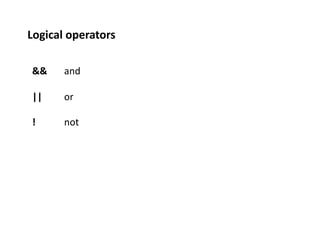 Logical	
  operators	
  

 &&      	
  and	
  

 ||      	
  or	
  

 !       	
  not	
  
 