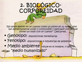 2. BIOLÓGICO-
            CORPOREIDAD


 “No estoy metido en mi cuerpo como un piloto en su navío, sino
   tan estrechamente unido y confundido y mezclado con él, que
             formo un todo con mi cuerpo” Descartes.
• Genotipo: disposiciones hereditarias
• Fenotipo: disposiciones e influencias de ambiente.
• Medio ambiente influye en el hombre, y también
  es   “medio humanizado”
 