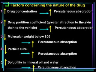 1. Drug concentration Percutaneous absorption
2. Drug partition coefficient (greater attraction to the skin
than to the vehicle) Percutaneous absorption
3. Molecular weight below 800
Percutaneous absorption
4. Particle Size
Percutaneous absorption
5. Solubility in mineral oil and water
Percutaneous absorption
 Factors concerning the nature of the drug
 