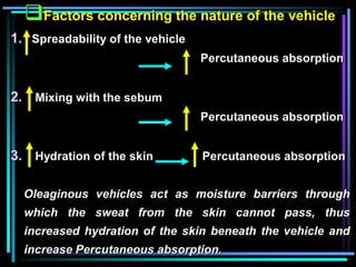 1. Spreadability of the vehicle
Percutaneous absorption
2. Mixing with the sebum
Percutaneous absorption
3. Hydration of the skin Percutaneous absorption
Oleaginous vehicles act as moisture barriers through
which the sweat from the skin cannot pass, thus
increased hydration of the skin beneath the vehicle and
increase Percutaneous absorption.
Factors concerning the nature of the vehicle
 