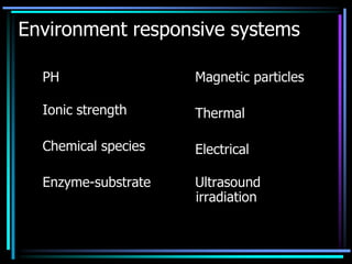 Environment responsive systems
PH
Ionic strength
Chemical species
Enzyme-substrate
Magnetic particles
Thermal
Electrical
Ultrasound
irradiation
 