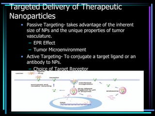 Targeted Delivery of Therapeutic
Nanoparticles
• Passive Targeting- takes advantage of the inherent
size of NPs and the unique properties of tumor
vasculature.
– EPR Effect
– Tumor Microenvironment
• Active Targeting- To conjugate a target ligand or an
antibody to NPs.
– Choice of Target Receptor
– Choice of Targeting Ligand
 