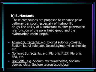 b) Surfactants
These compounds are proposed to enhance polar
pathway transport, especially of hydrophilic
drugs.The ability of a surfactant to alter penetration
is a function of the polar head group and the
hydrocarbon chain length.
• Anionic Surfactants: e.g. Dioctyl sulphosuccinate,
Sodium lauryl sulphate, Decodecylmethyl sulphoxide
etc.
• Nonionic Surfactants: e.g. Pluronic F127, Pluronic
F68, etc.
• Bile Salts: e.g. Sodium ms taurocholate, Sodium
deoxycholate, Sodium tauroglycocholate.
 