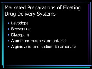Marketed Preparations of Floating
Drug Delivery Systems
• Levodopa
• Benserzide
• Diazepam
• Aluminum magnesium antacid
• Alginic acid and sodium bicarbonate
 