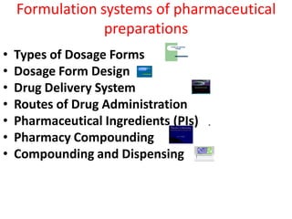 Formulation systems of pharmaceutical
preparations
• Types of Dosage Forms
• Dosage Form Design
• Drug Delivery System
• Routes of Drug Administration
• Pharmaceutical Ingredients (PIs)
• Pharmacy Compounding
• Compounding and Dispensing
TYPES OF DOSAGE
FORMS
DRUG DELIVERY SYSTEMS
Dr. L.T.M. Muungo, PhD
Pharmacy Compounding
Meeting unique physician and patient needs
Dr. L.T. Muungo
Compounding and Dispensing
Dosage Form Design:
Pharmaceutical and Formulation
Considerations
 