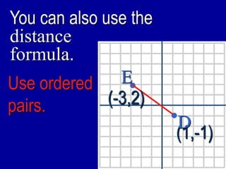 You can also use the
distance
formula.
(-3,2)
(1,-1)
Use ordered
pairs.
E
D
 